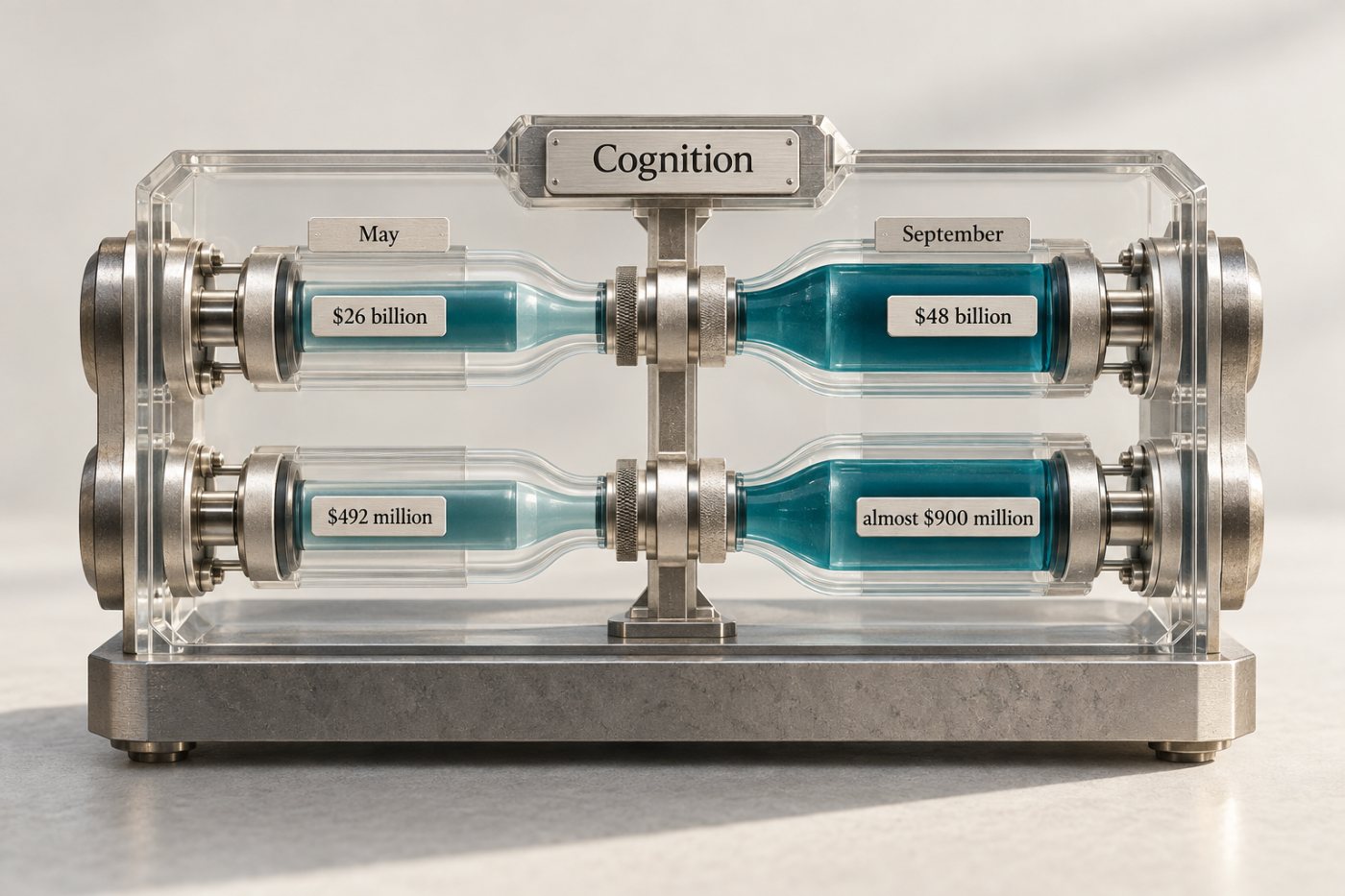 Cognition’s valuation and reported run-rate revenue rising at nearly parallel rates between May and September 2026.