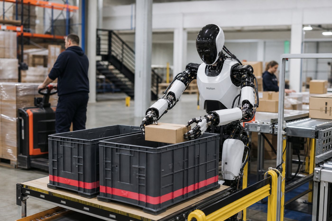 Ein humanoider Roboter von Motion lädt in einem belgischen Pilotbetrieb Waren in Behälter und wird für den Produktionsbetrieb vorbereitet.