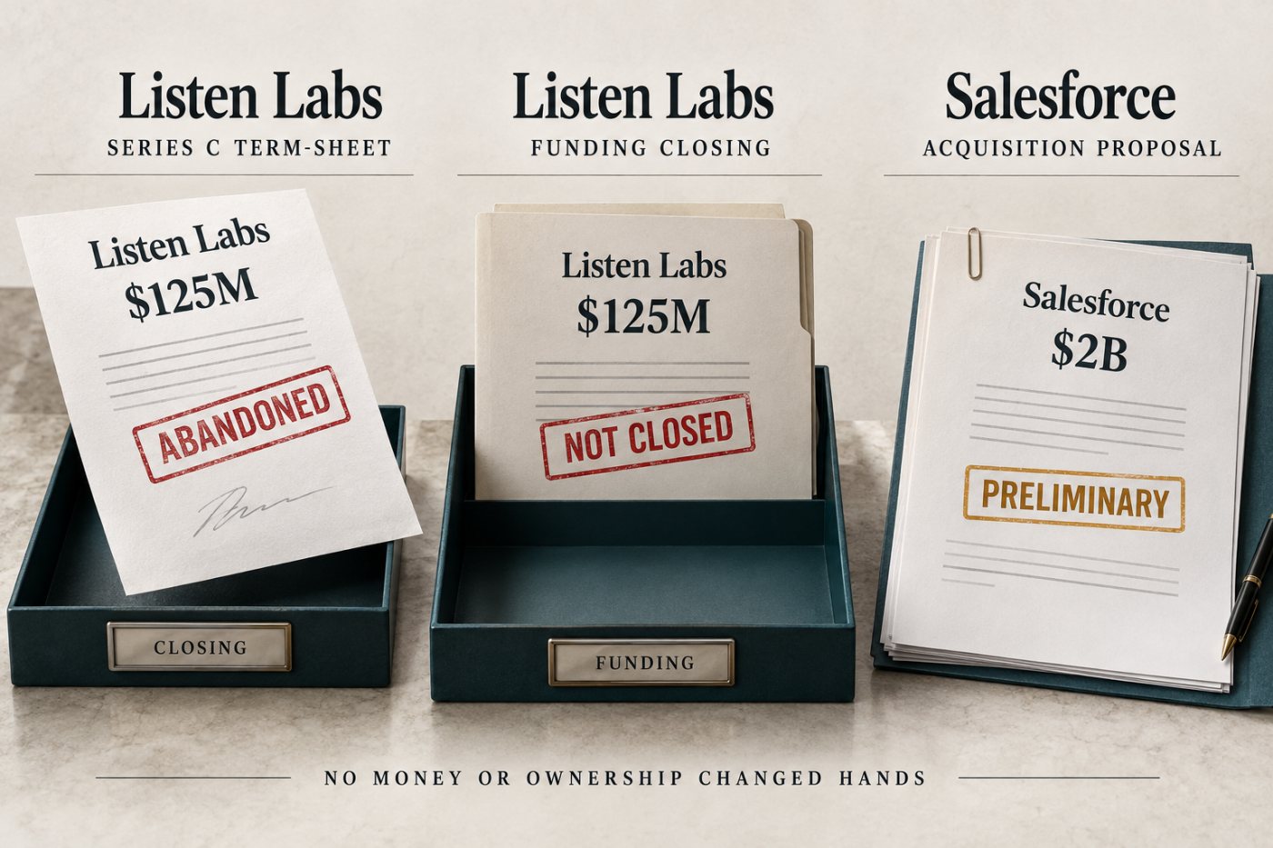 Listen Labs transaction ledger separates an abandoned term sheet, unclosed funding and preliminary Salesforce talks.