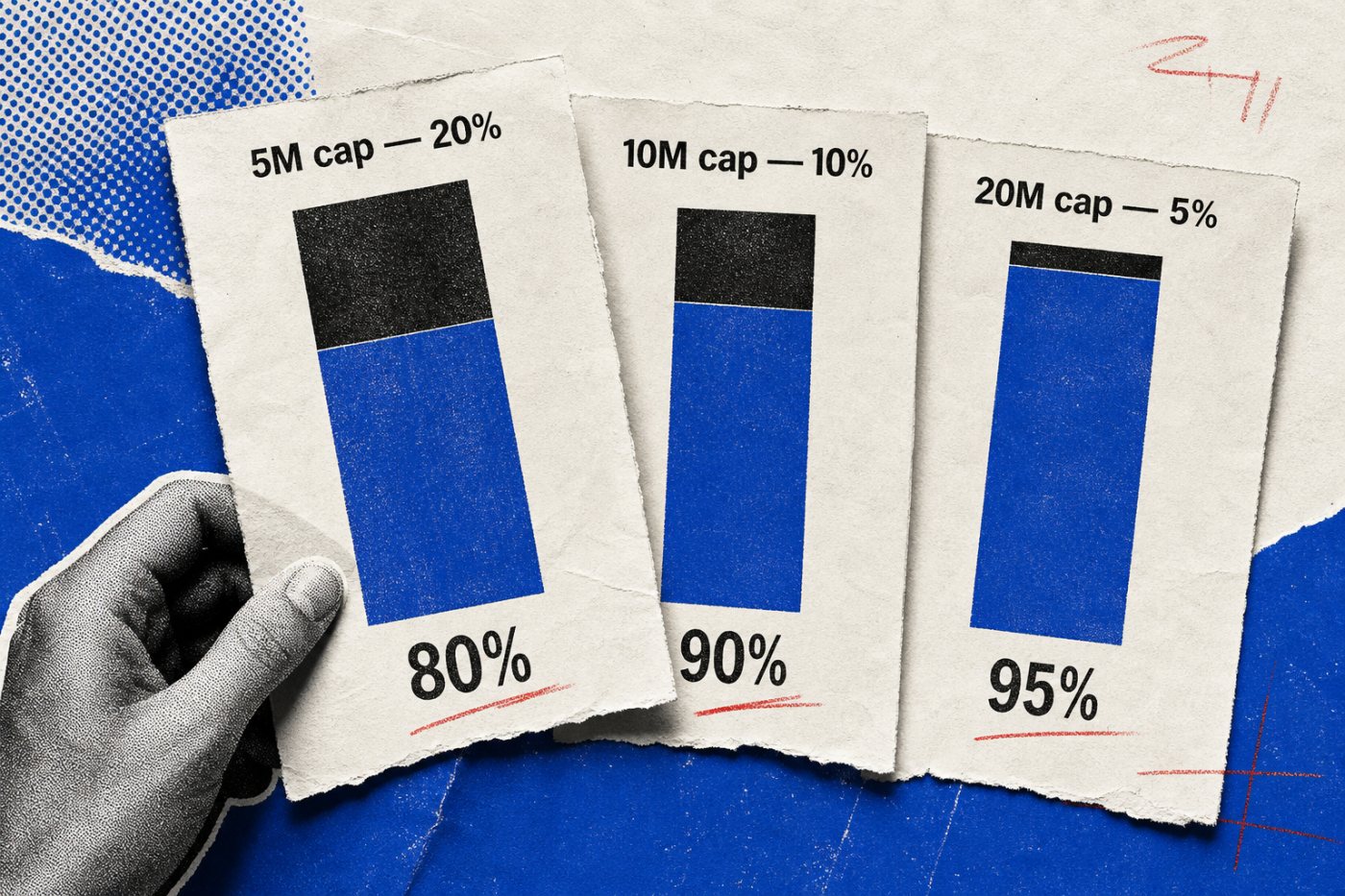 1 milyon birim post-money SAFE yatırımının farklı değerleme tavanlarında yüzde 20, yüzde 10 ve yüzde 5 pay üretmesi