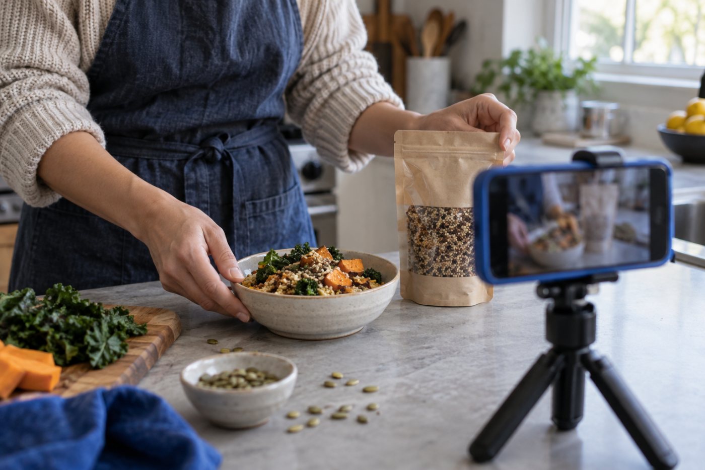 Un contenu de créateur consacré à un produit alimentaire est préparé pour une campagne de Kroger Precision Marketing.