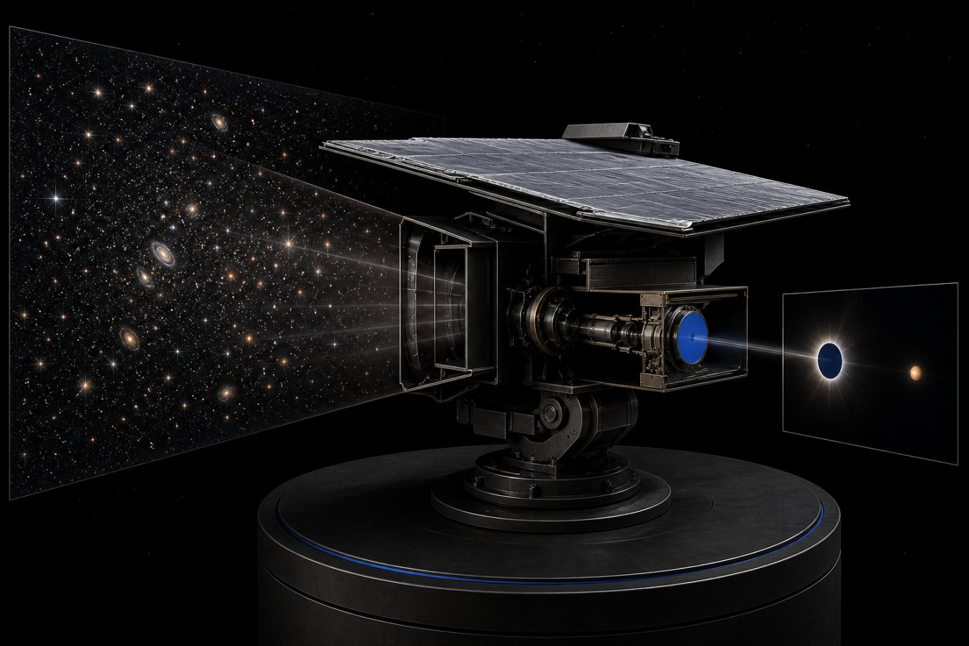 Romans Weitfeldinstrument erfasst eine große Sternregion, während der Koronograf einen lichtschwachen Planeten neben seinem Stern untersucht.