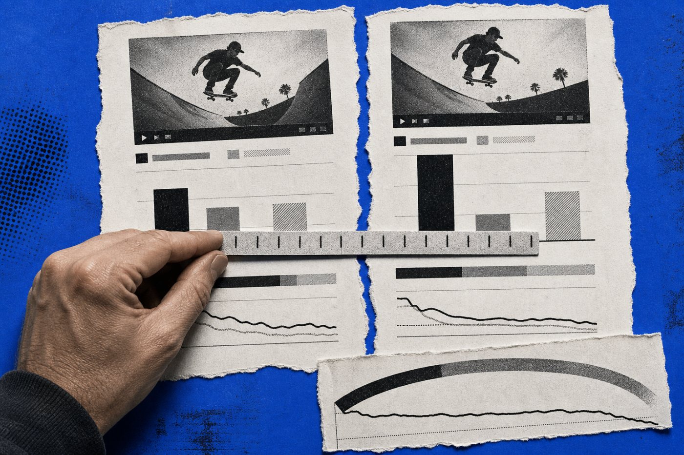 Сравнение одного видео в YouTube Analytics до и после 24 августа показывает расхождение публичных и вовлечённых просмотров.