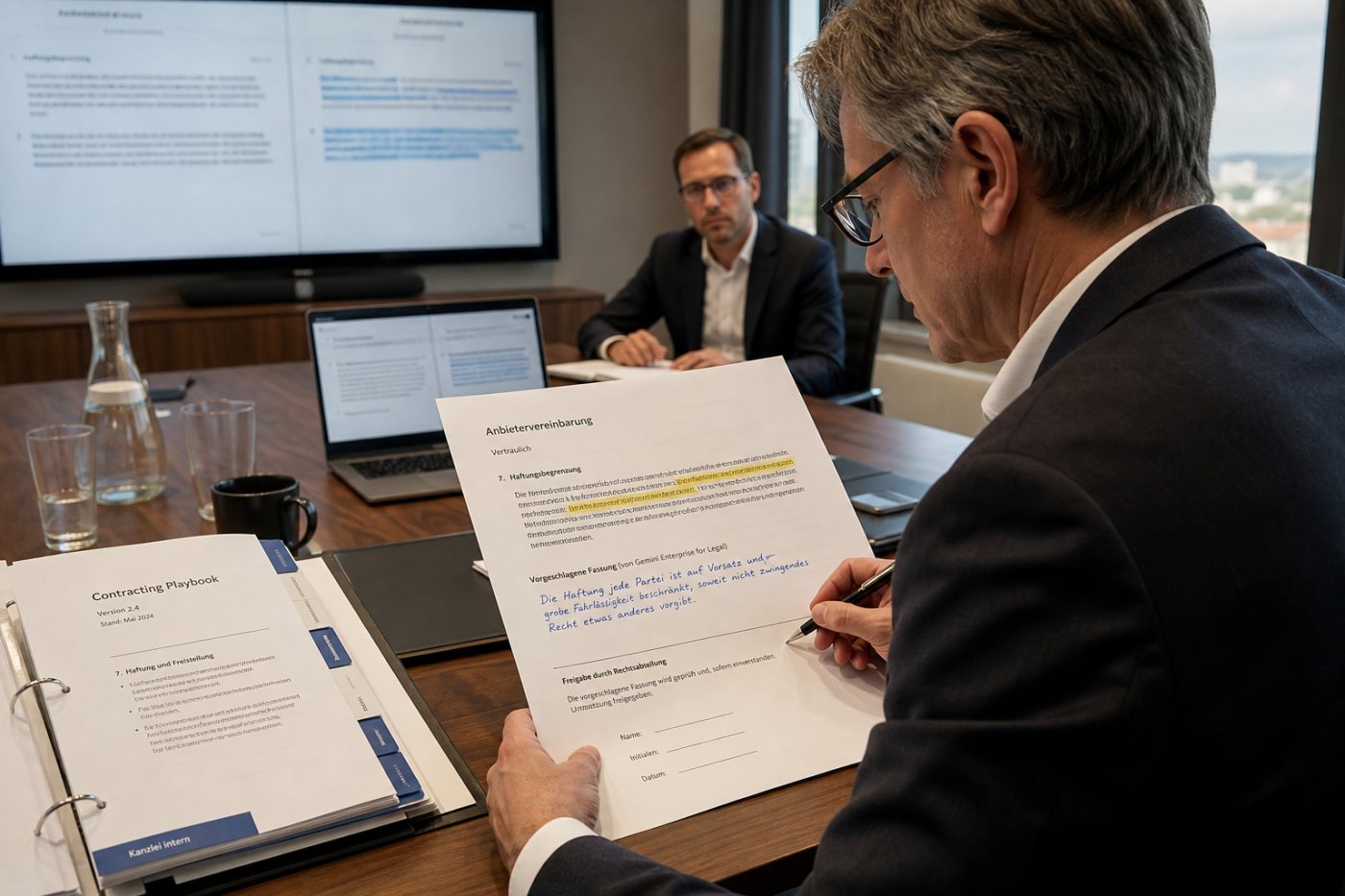 Gemini Enterprise for Legal prüft einen Vertrag am internen Playbook und legt eine Risikoklausel zur Freigabe vor.
