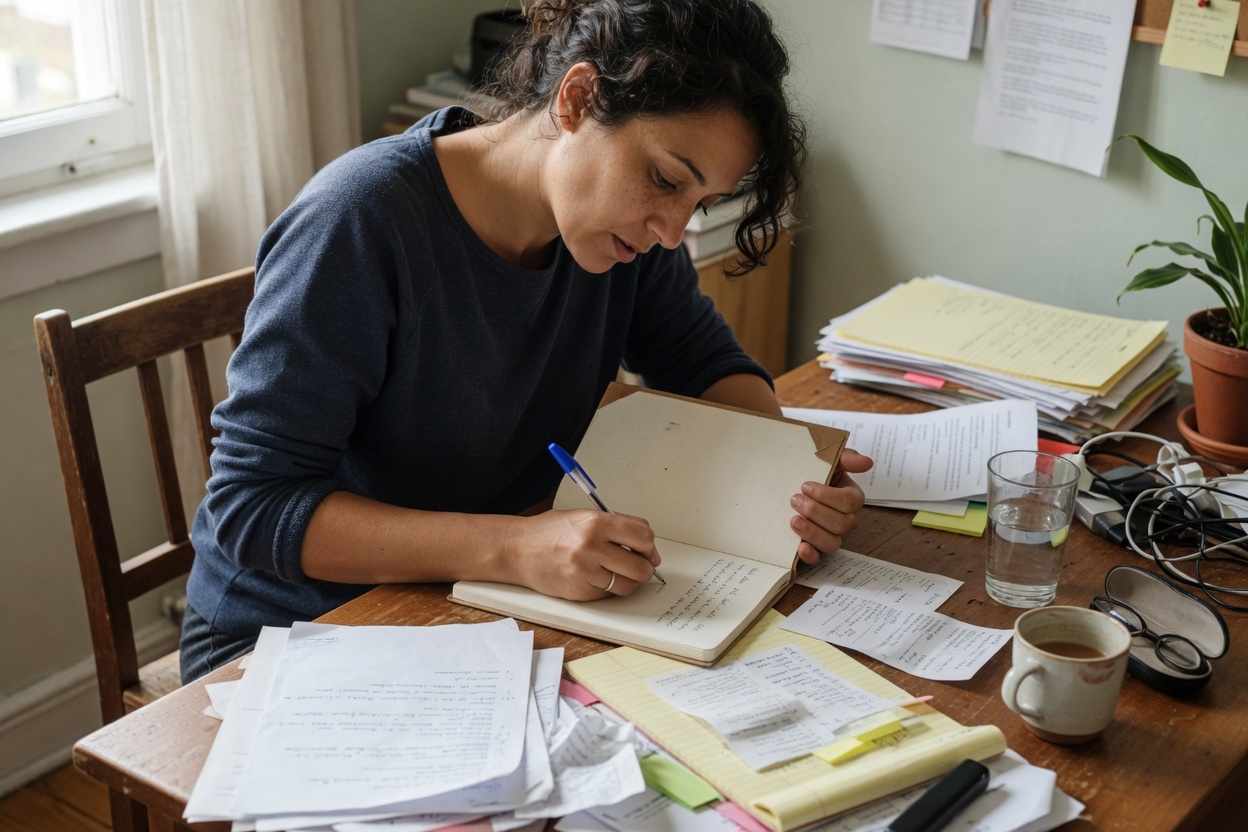 Creator managing profile settings by writing in a notebook
