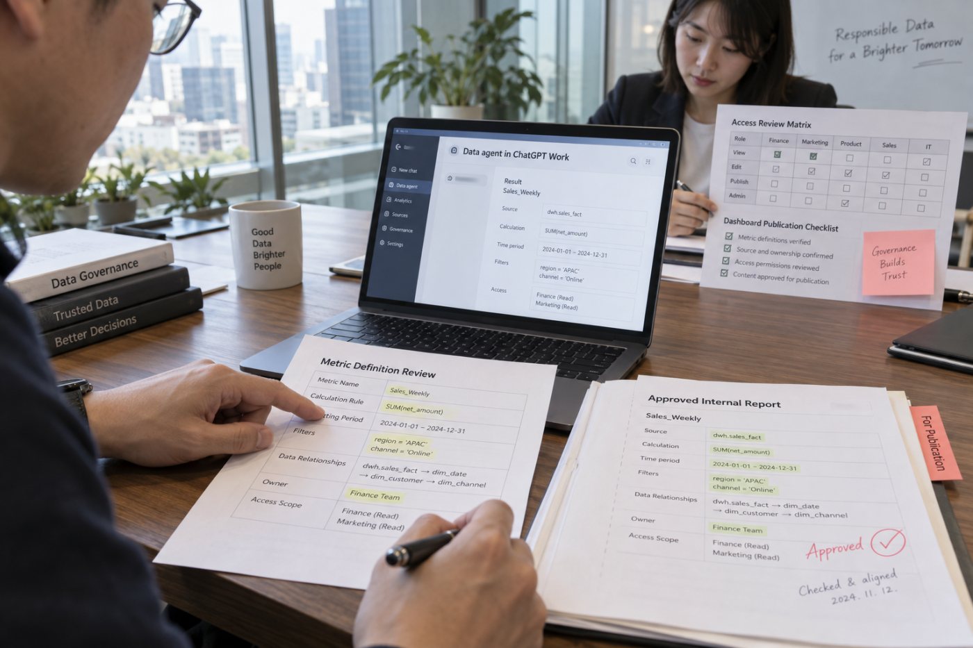 데이터 담당자가 의미 계층의 지표 정의와 Data agent 결과를 승인 보고서에 대조하는 검증 절차