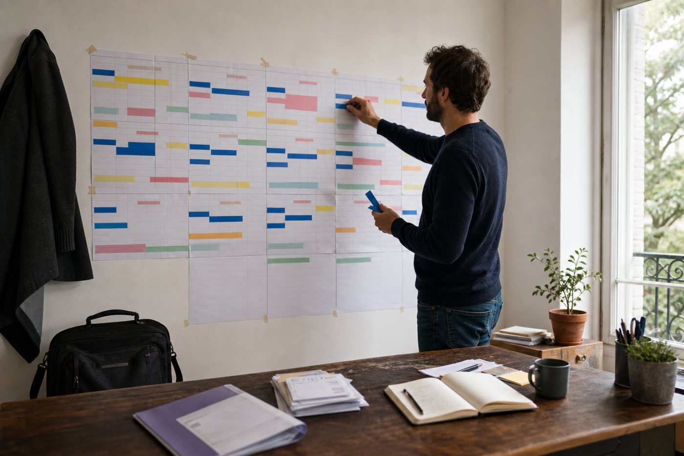 Le calendrier distingue les missions facturées des congés, de la prospection, de la formation et des intercontrats.