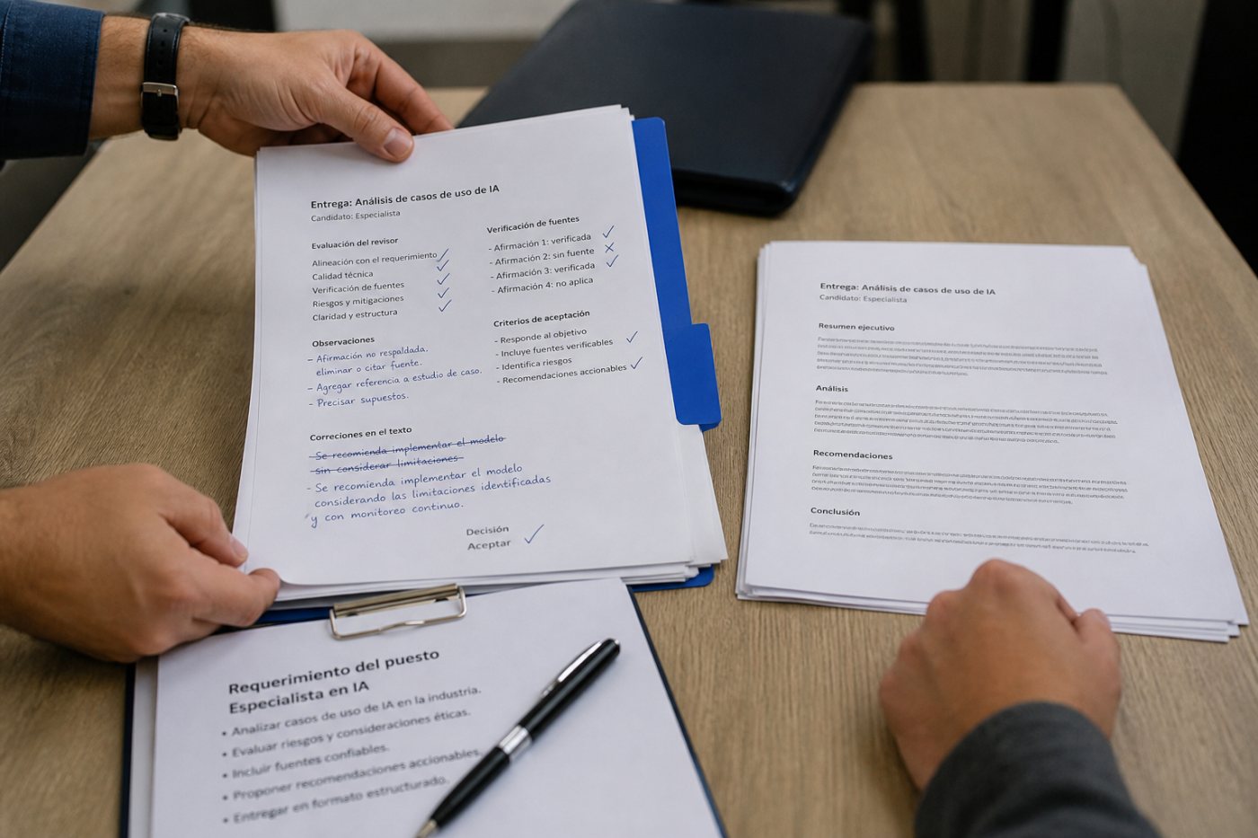 Evaluación de candidatos en la que una muestra conecta requisitos profesionales, decisiones humanas y una entrega validada.