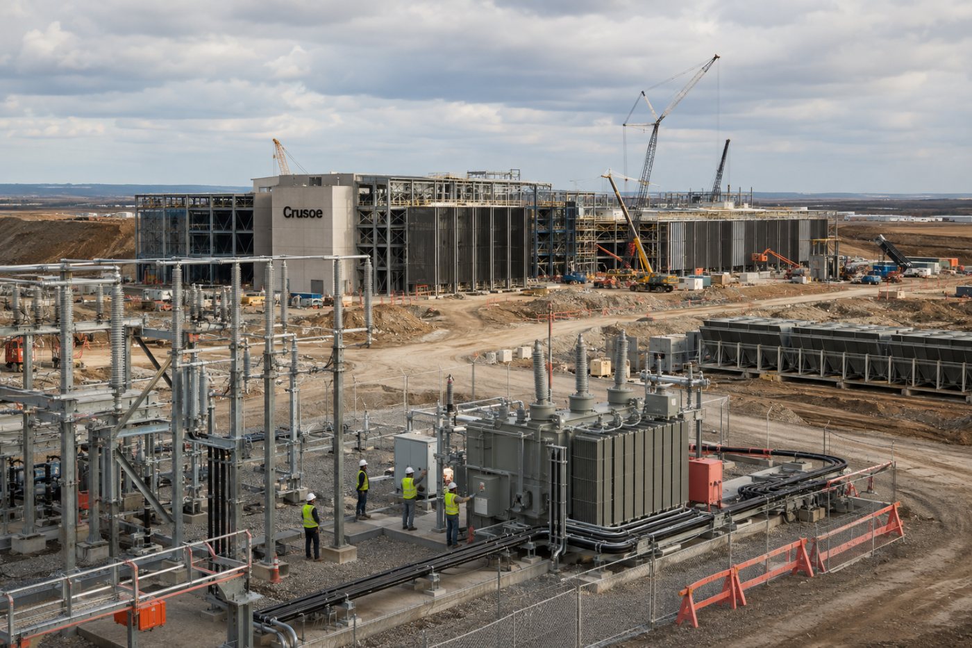 Crusoe data-center construction with power infrastructure and incomplete facilities showing the capital required for expansion