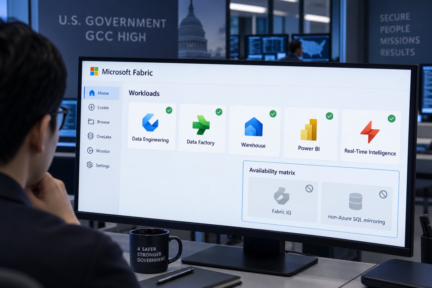GCC High의 Microsoft Fabric에서 지원 워크로드와 제외된 기능이 구분된 상태
