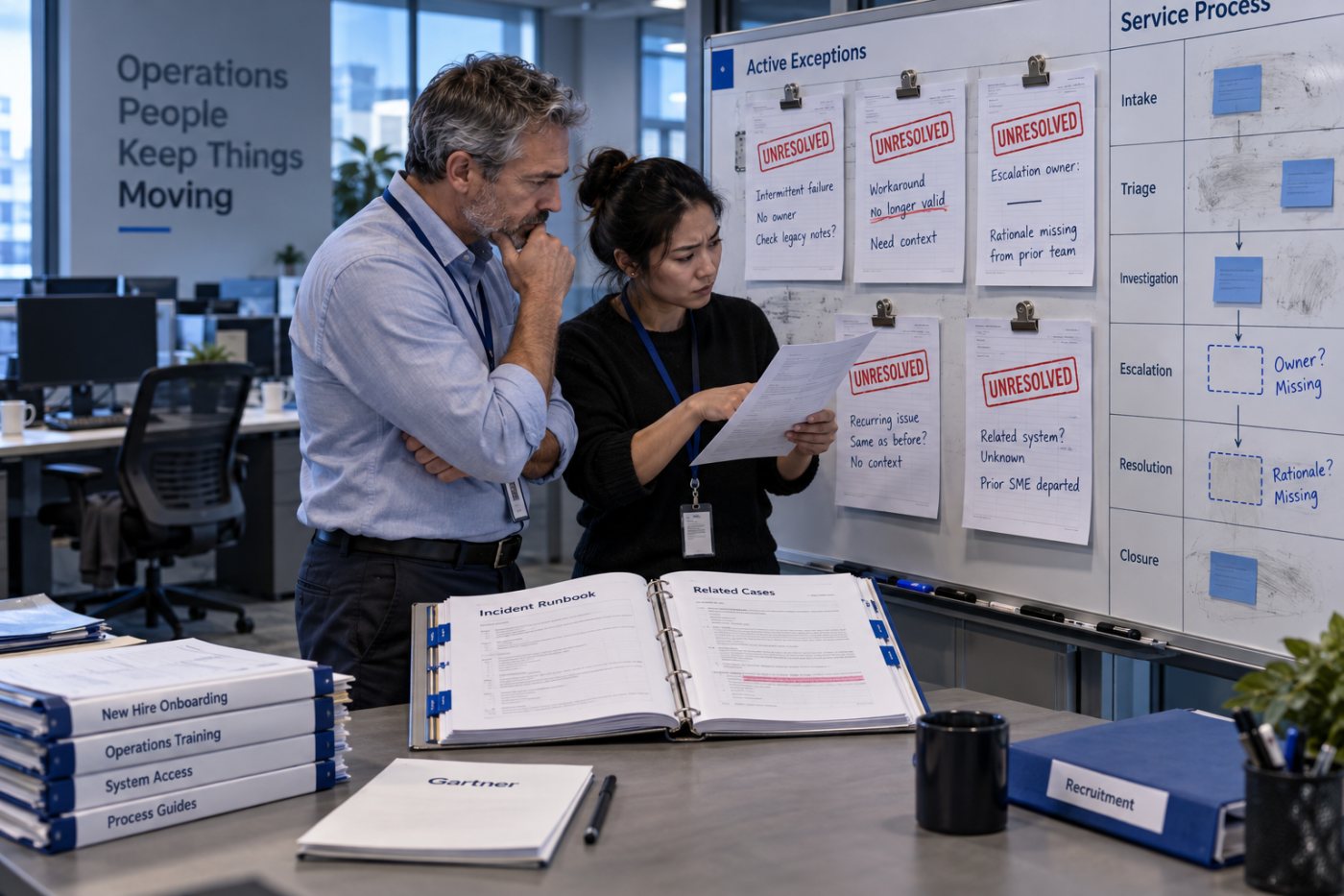An operating team faces unresolved work after institutional knowledge has been lost