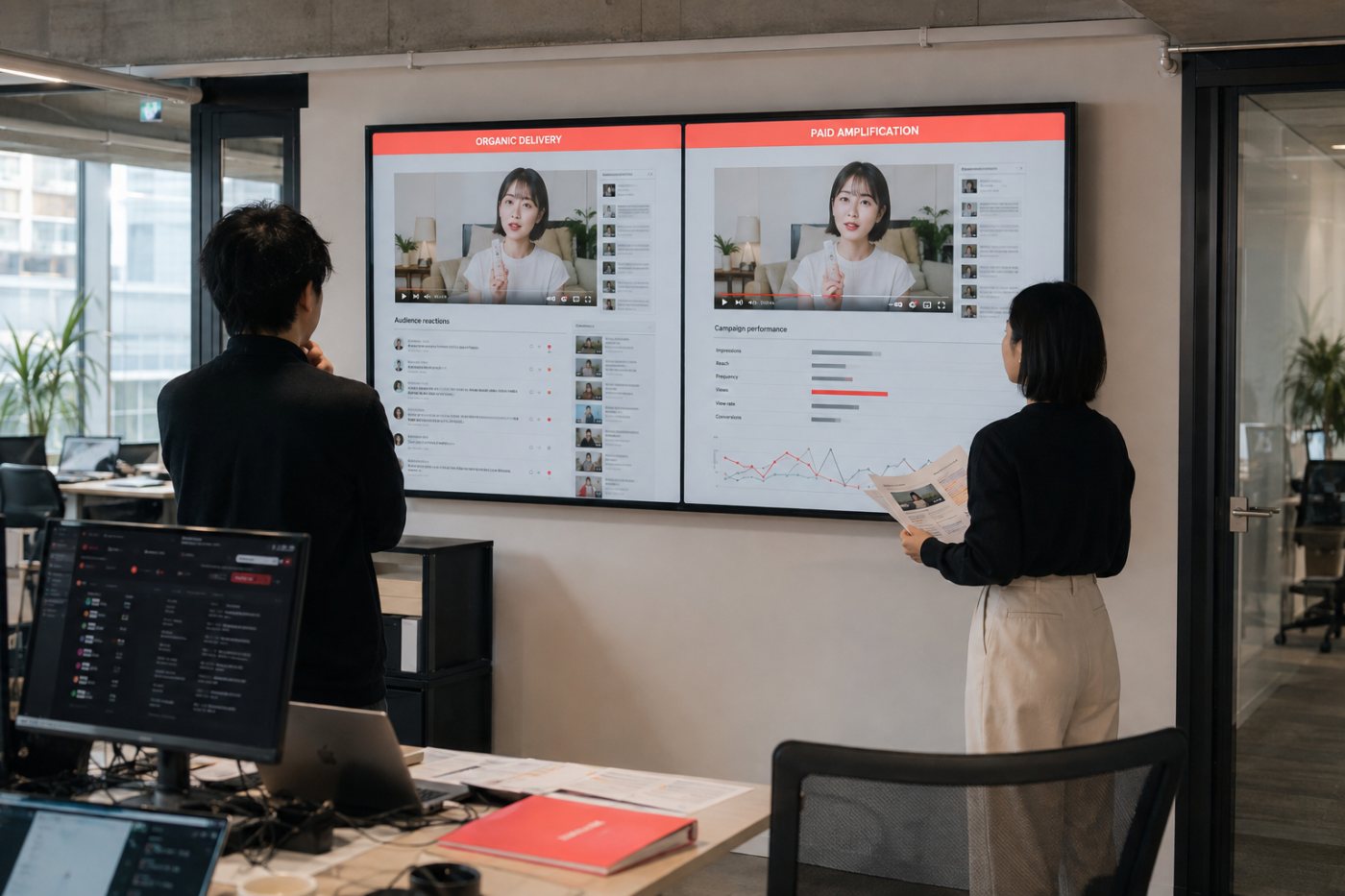 YouTube案件の同一コンテンツについてオーガニック配信と有料配信を分けて評価する工程