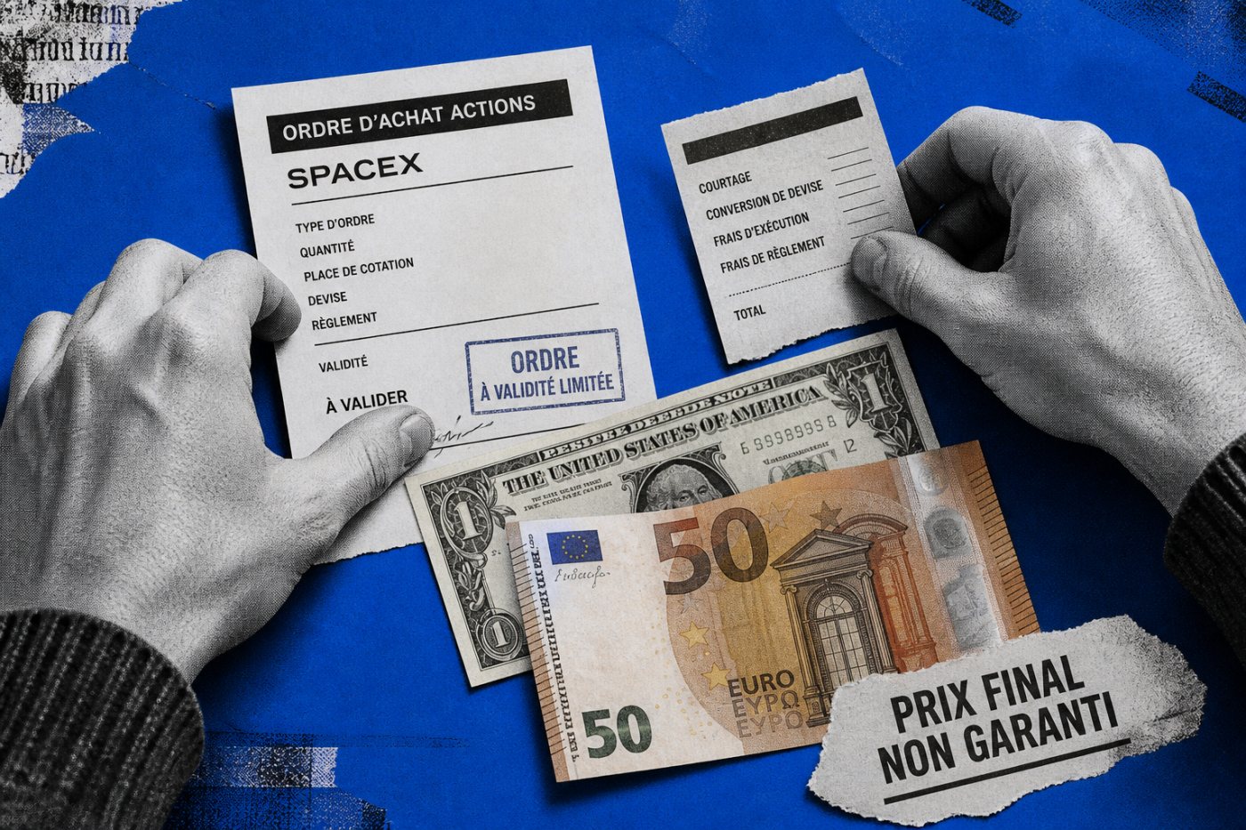Calcul en euros d’un ordre SPCX incluant conversion en dollars et frais de courtage.