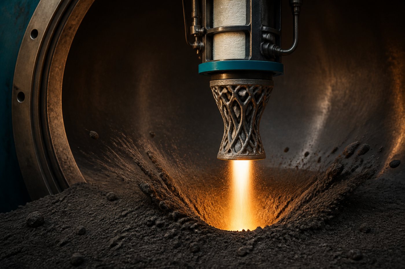 Motor híbrido de 14 polegadas preparado para testar exaustão quente sobre regolito lunar simulado.