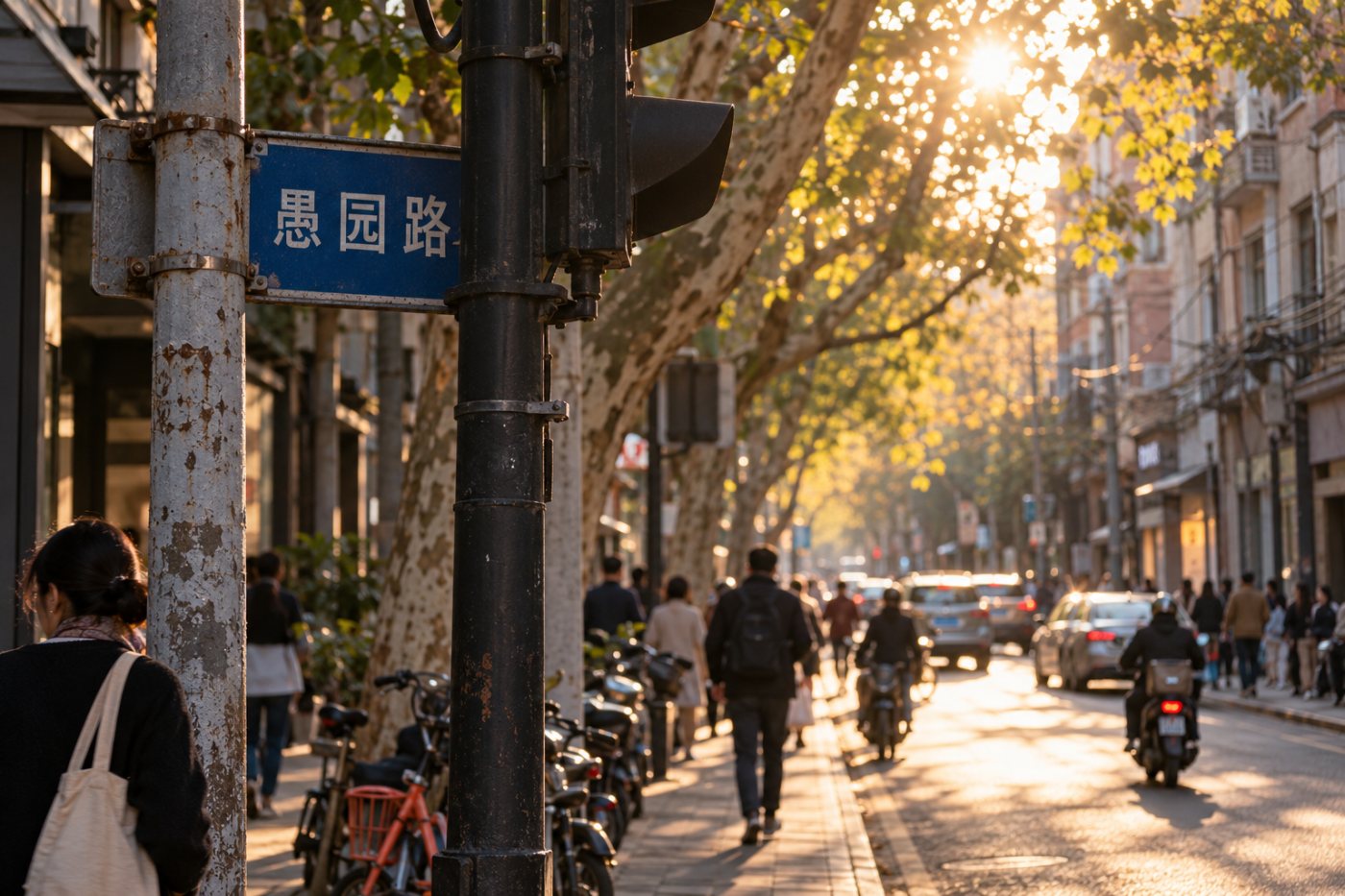 街景中的愚园路路牌受到局部遮挡,显示文字定位与字符识别都可能影响结果。