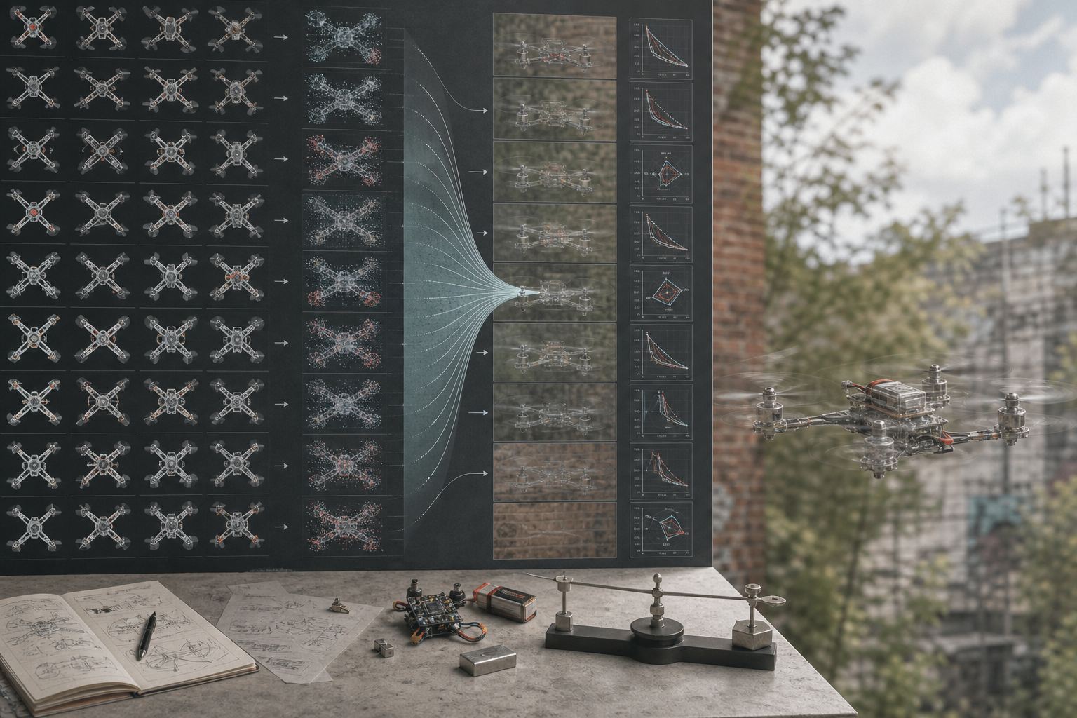 Computational search narrowing thousands of stable drone layouts to a low-visibility configuration