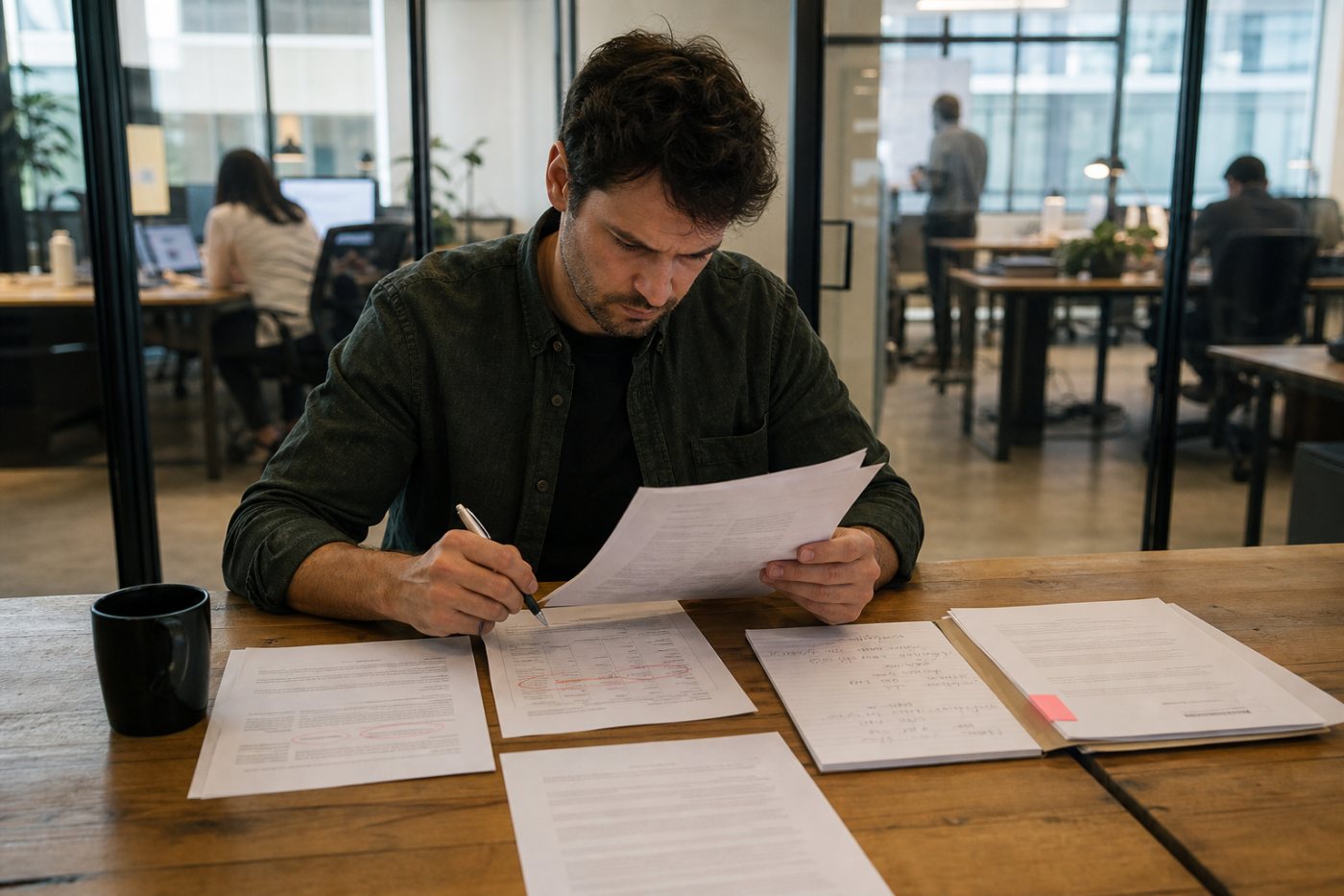 An employee checks option terms, ownership context and financing details before assessing an equity offer.