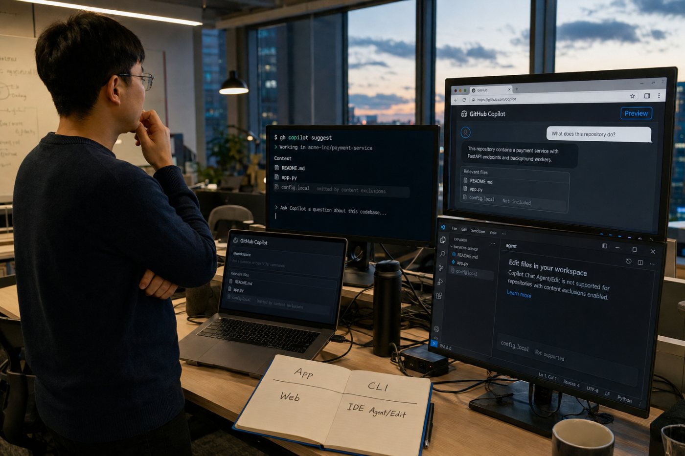 GitHub Copilot app·CLI·웹·IDE 작업별로 서로 다른 콘텐츠 제외 적용 상태