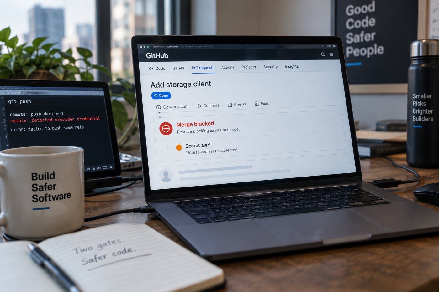 GitHub’da push protection ile pull request birleştirme kuralının sızıntıyı farklı aşamalarda durdurması
