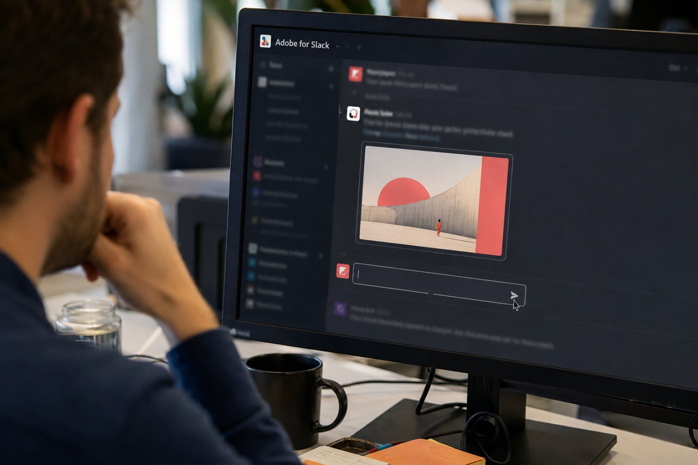 Slackbot ejecuta una tarea de Adobe a partir de una petición y devuelve un recurso listo para compartir.