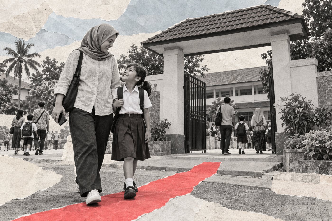 Orang tua dan anak di lingkungan sekolah menggambarkan perhatian pemerintah pada keselamatan pengguna dalam kebijakan digital.