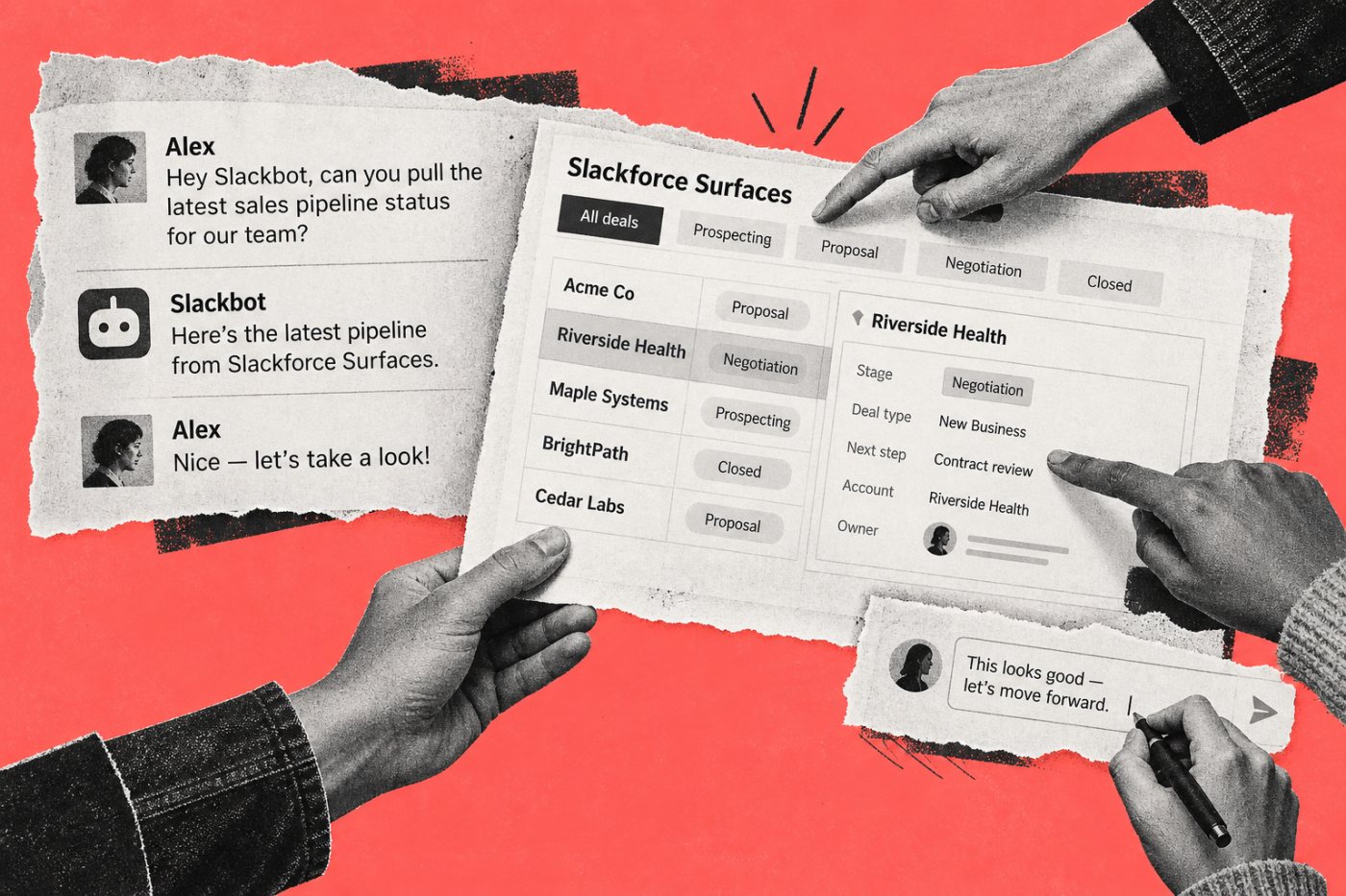 Slackbotへの業務上の依頼から生成され、同じチャンネルで共同確認されるSlackforce Surfaces