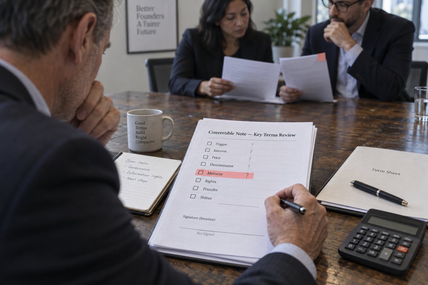 A pre-IPO note review checks conversion terms, maturity remedies, dilution and transfer restrictions before closing.