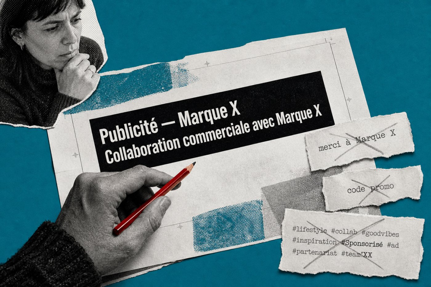 Comparaison entre une mention commerciale française explicite et des formulations ambiguës ou noyées dans les mots-dièse.