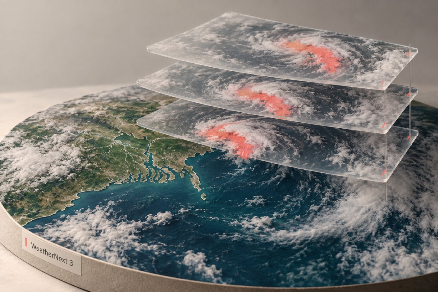 বঙ্গোপসাগরের স্যাটেলাইট পর্যবেক্ষণ থেকে WeatherNext 3-এর পরপর ঘণ্টার বৃষ্টিবলয় পূর্বাভাস