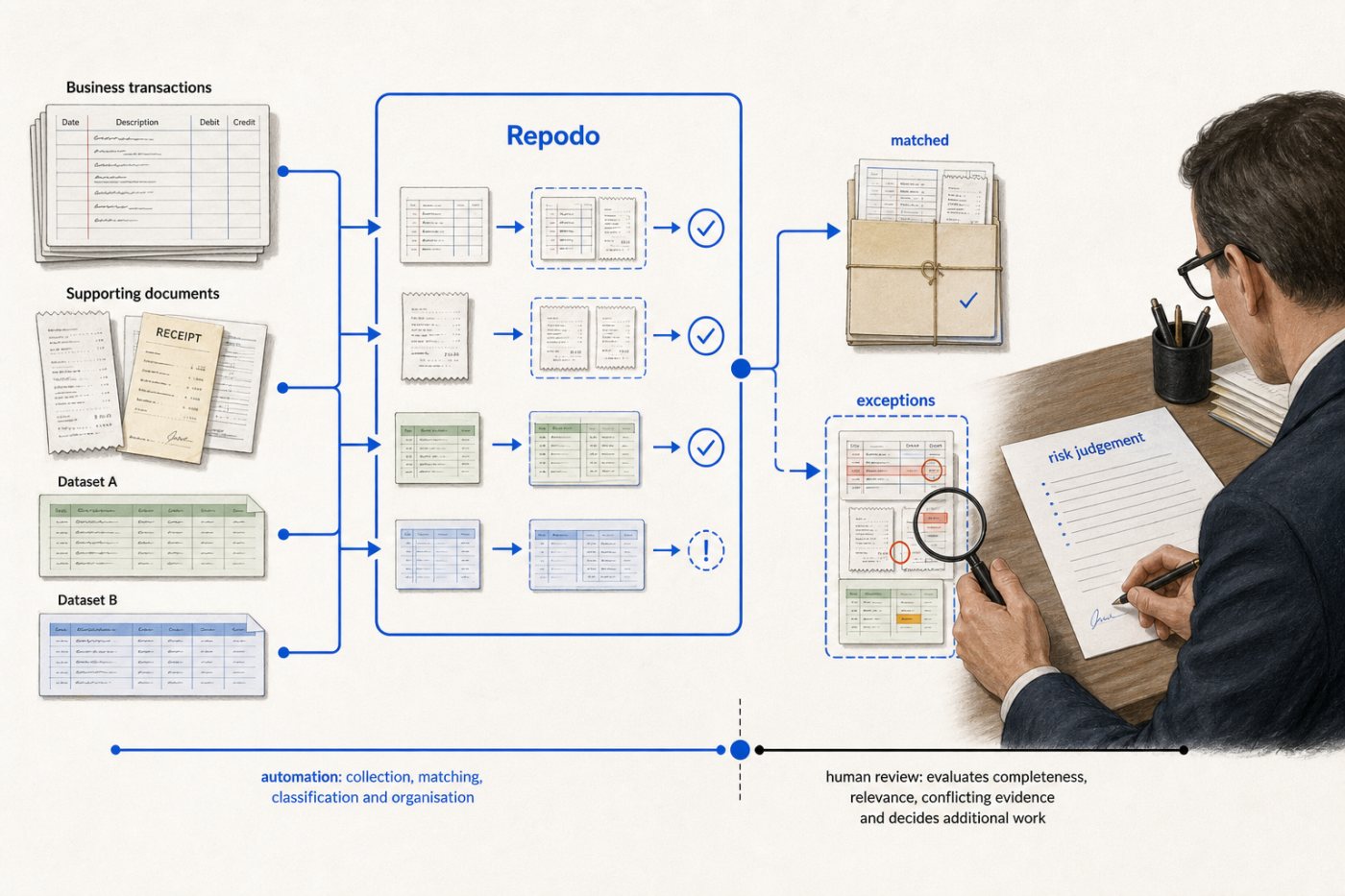 Repodo’s automated process reconciles routine audit evidence and separates exceptions for closer examination.