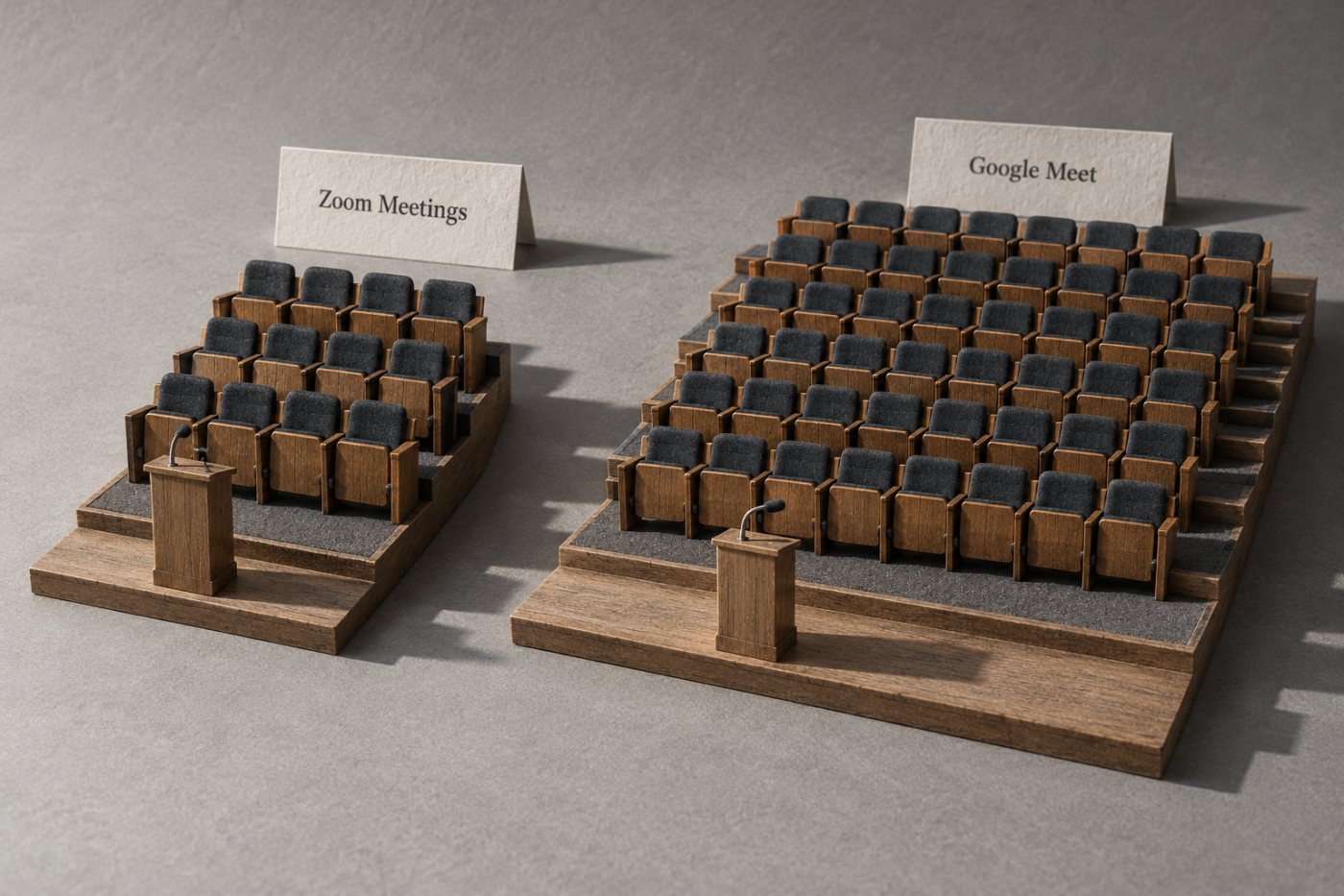 Munurinn á 100 manna hámarki Zoom Pro og 150 manna hámarki Google Workspace Business Standard.