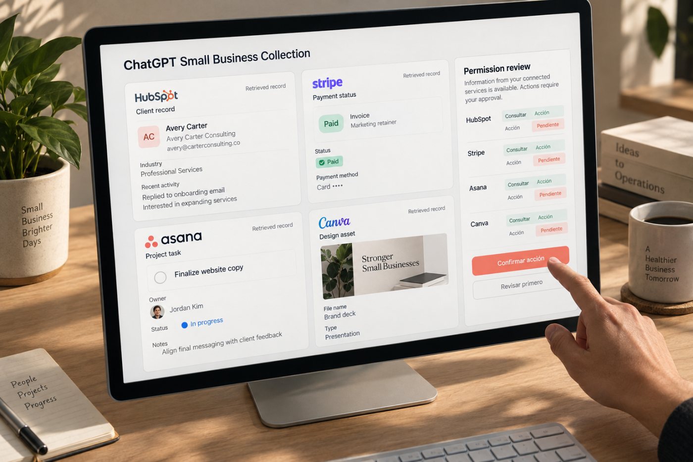 ChatGPT consulta por separado datos de clientes, cobros, tareas y diseños mediante servicios conectados.