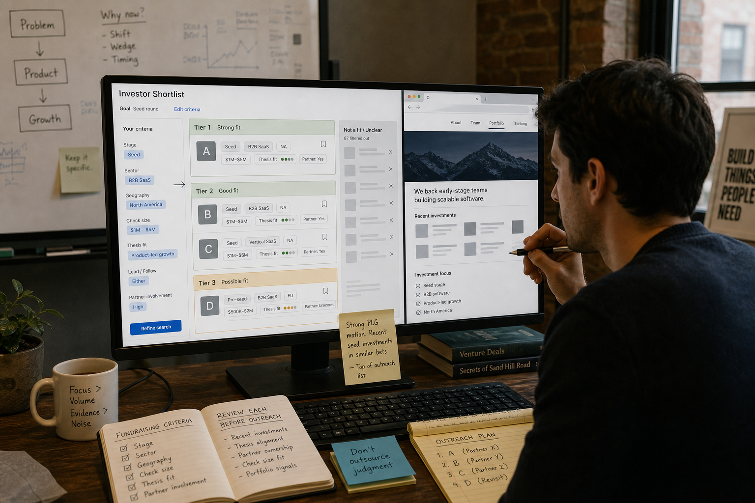 An AI deck review flags weak evidence and an unclear ask while the founder verifies the feedback against company data.