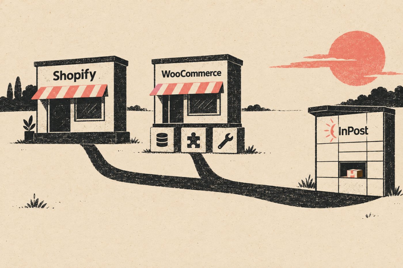 Porównanie kosztów Shopify i WooCommerce obejmuje wspólną dostawę InPost oraz różnie rozłożone wydatki na hosting, dodatki i utrzymanie.