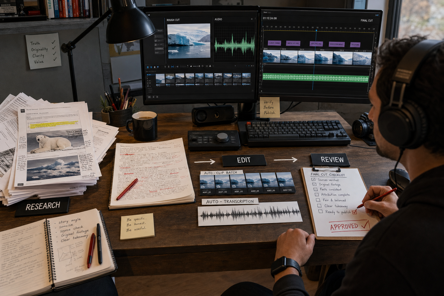 An editor reviews the stages of an automated YouTube video workflow