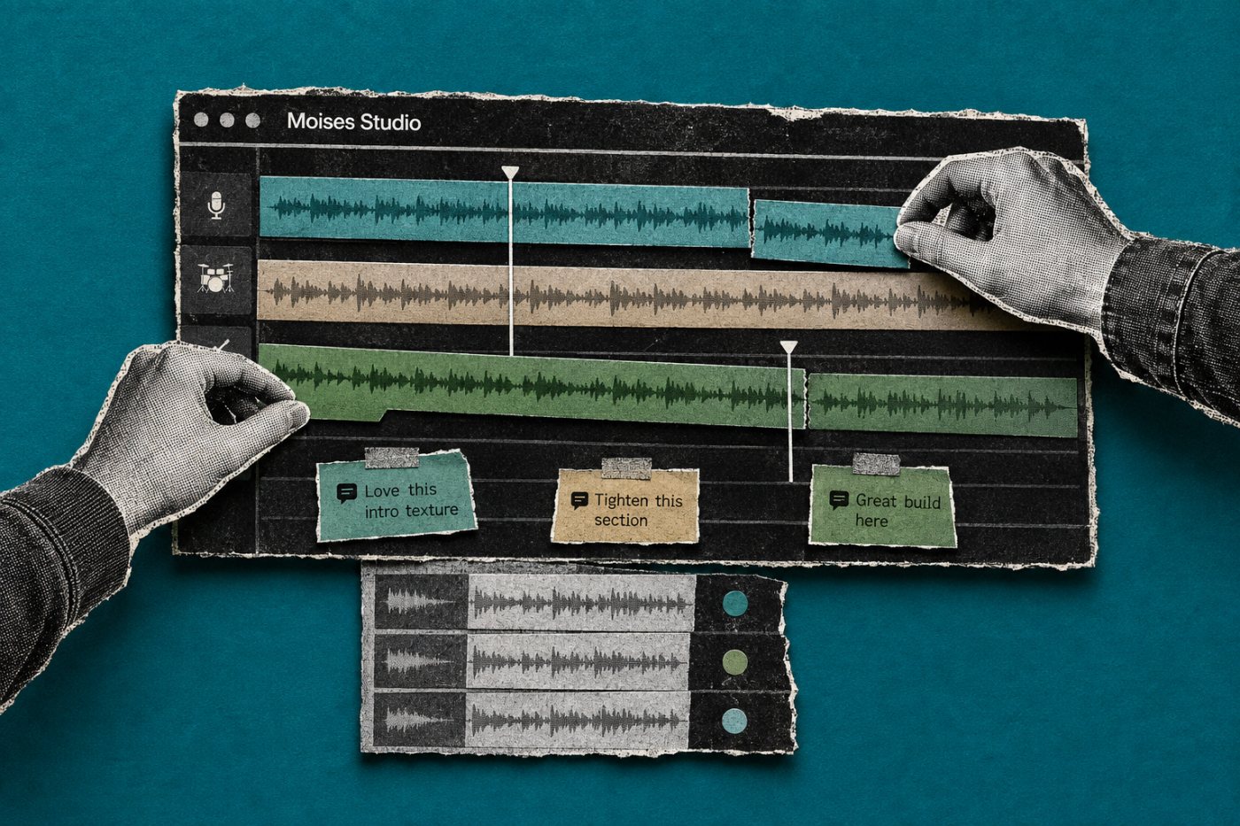 Collaborators edit one Moises Studio multitrack session together in the browser.