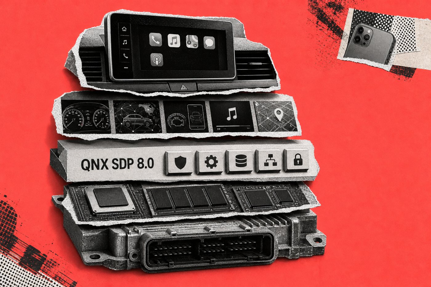 Слои автомобильного программного обеспечения от оборудования и QNX до штатных приложений и проекции смартфона