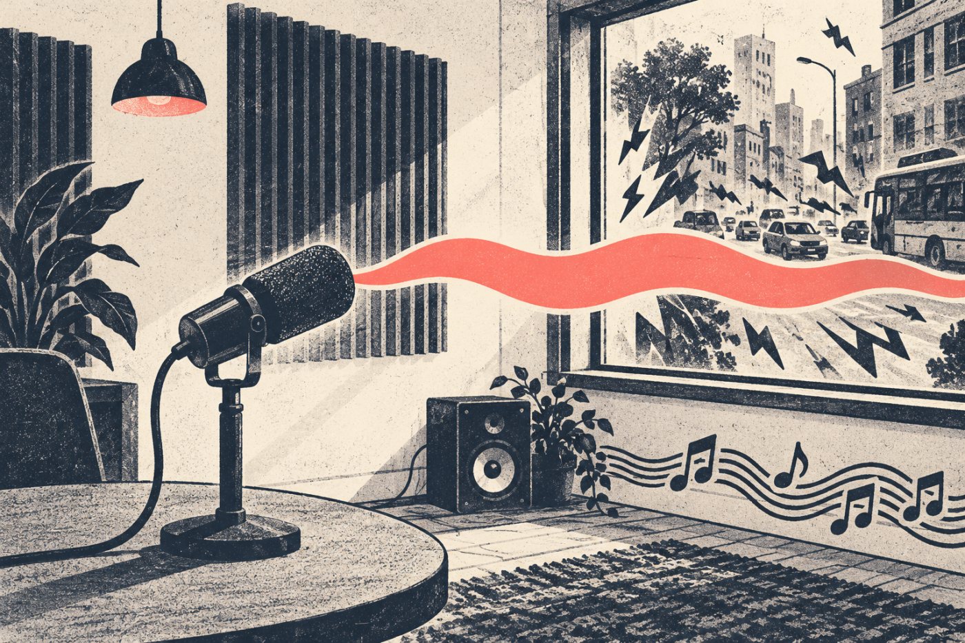 صدای ضبطشدهٔ پادکست در Adobe Podcast پاکسازی میشود، در حالی که ترتیب گفتار ثابت میماند.