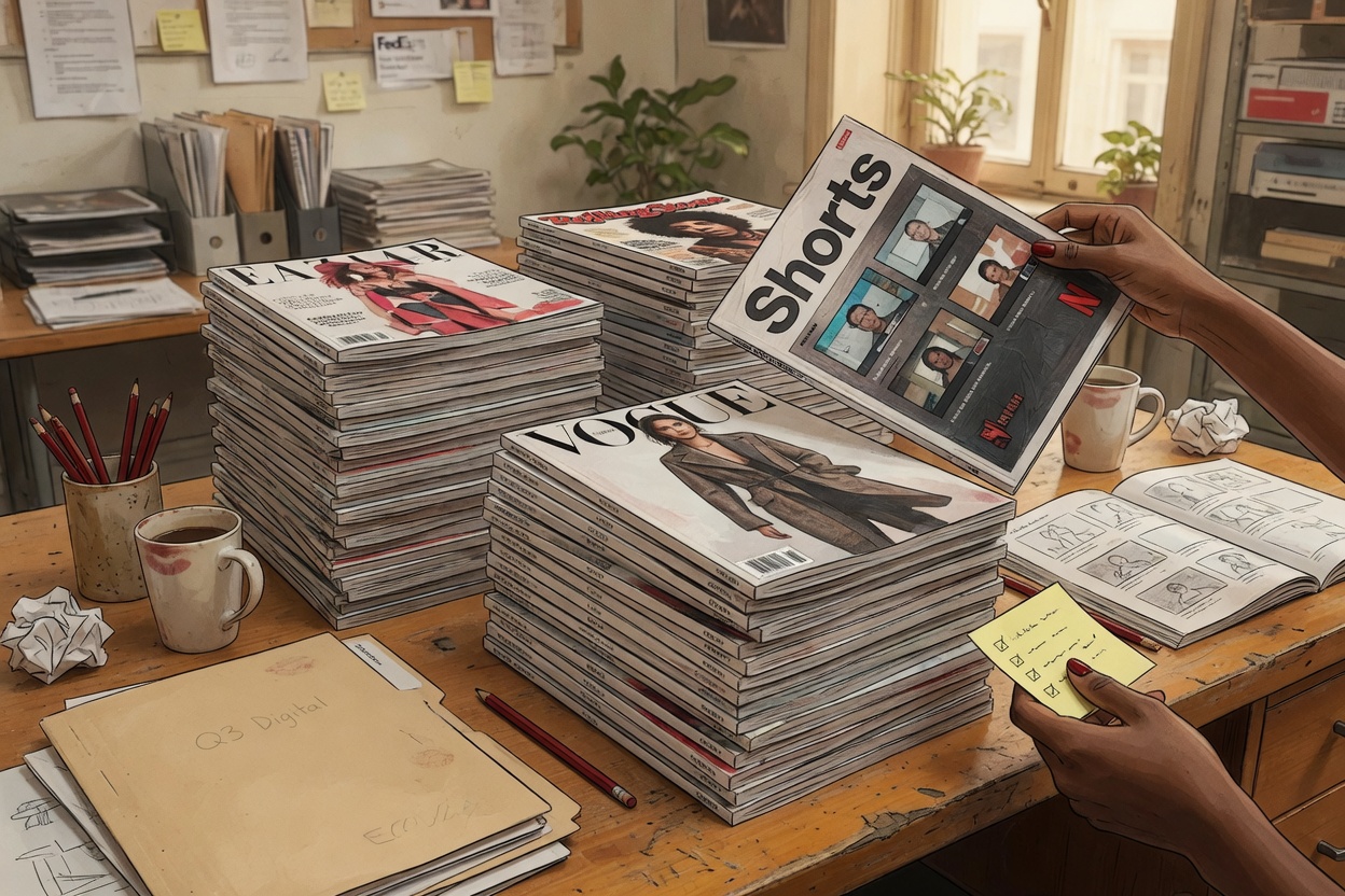 Magazines from Condé Nast, Hearst, and Penske Media on a desk
