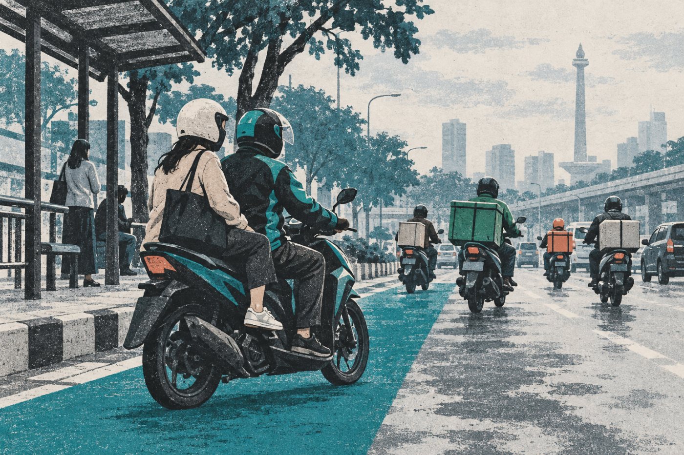 Pengemudi ojol mengangkut penumpang, layanan yang dikenai batas biaya platform.