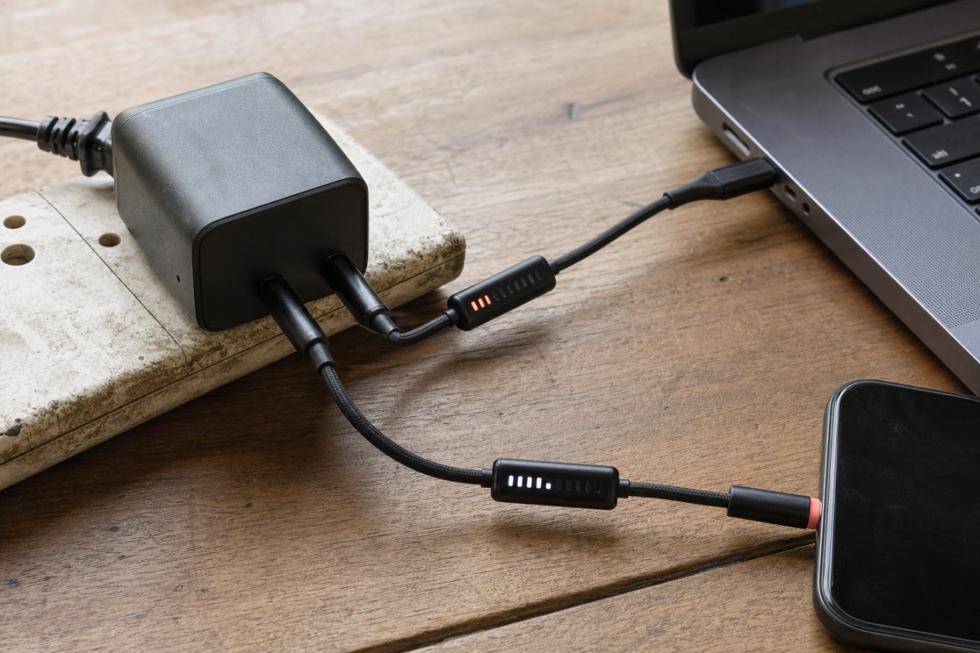 दूसरा उपकरण जुड़ने पर 65W USB‑C चार्जर की शक्ति लैपटॉप और फ़ोन के बीच विभाजित होती है