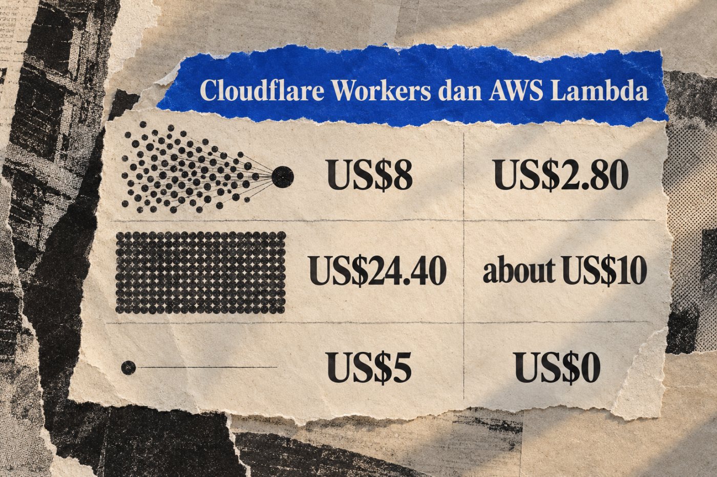 Tiga simulasi membandingkan biaya bulanan Cloudflare Workers dan AWS Lambda untuk API ringan, tugas CPU, dan trafik sporadis.