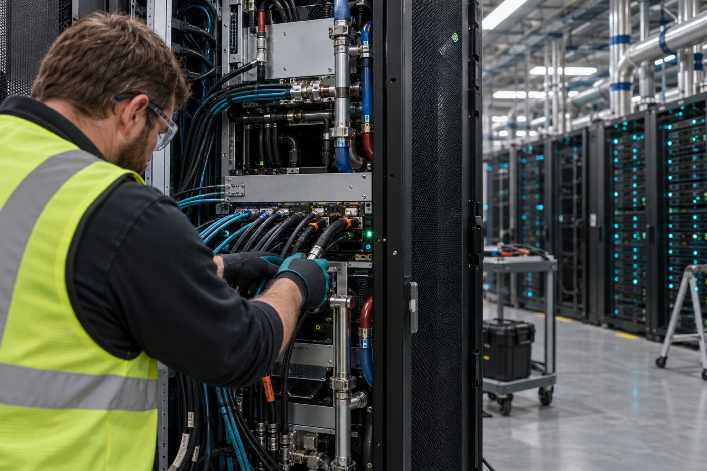 Racks multichip da Gimlet passam por ativação de energia, refrigeração e rede antes de virar capacidade disponível.