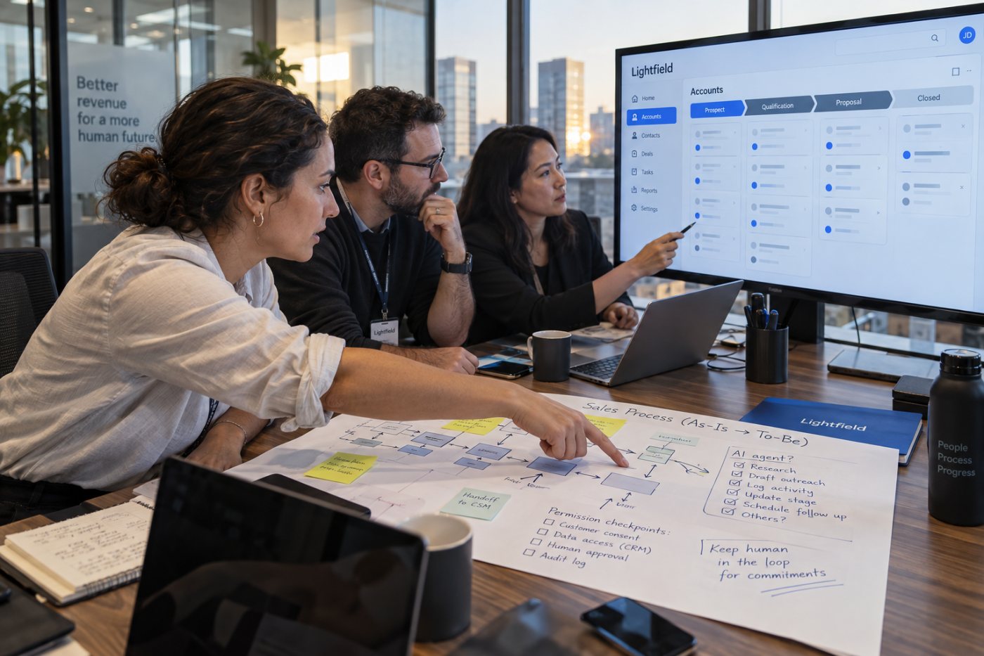 Engenheiros e especialistas da Lightfield configuram com o cliente uma implantação consultiva do CRM para agentes.