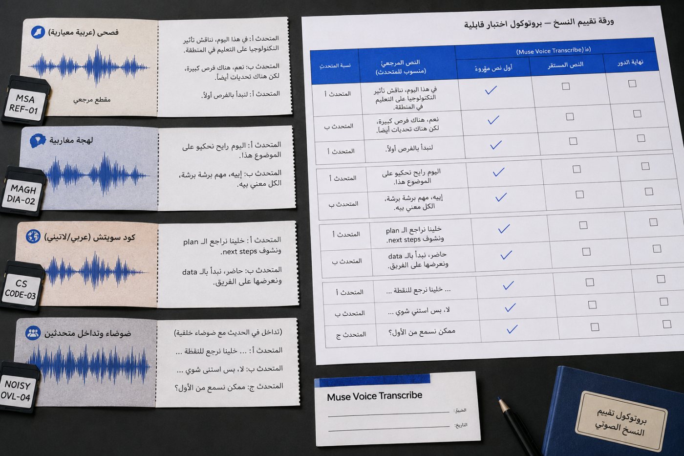اختبار عربي منضبط لدقة النسخ وزمن الاستجابة وفصل المتحدثين