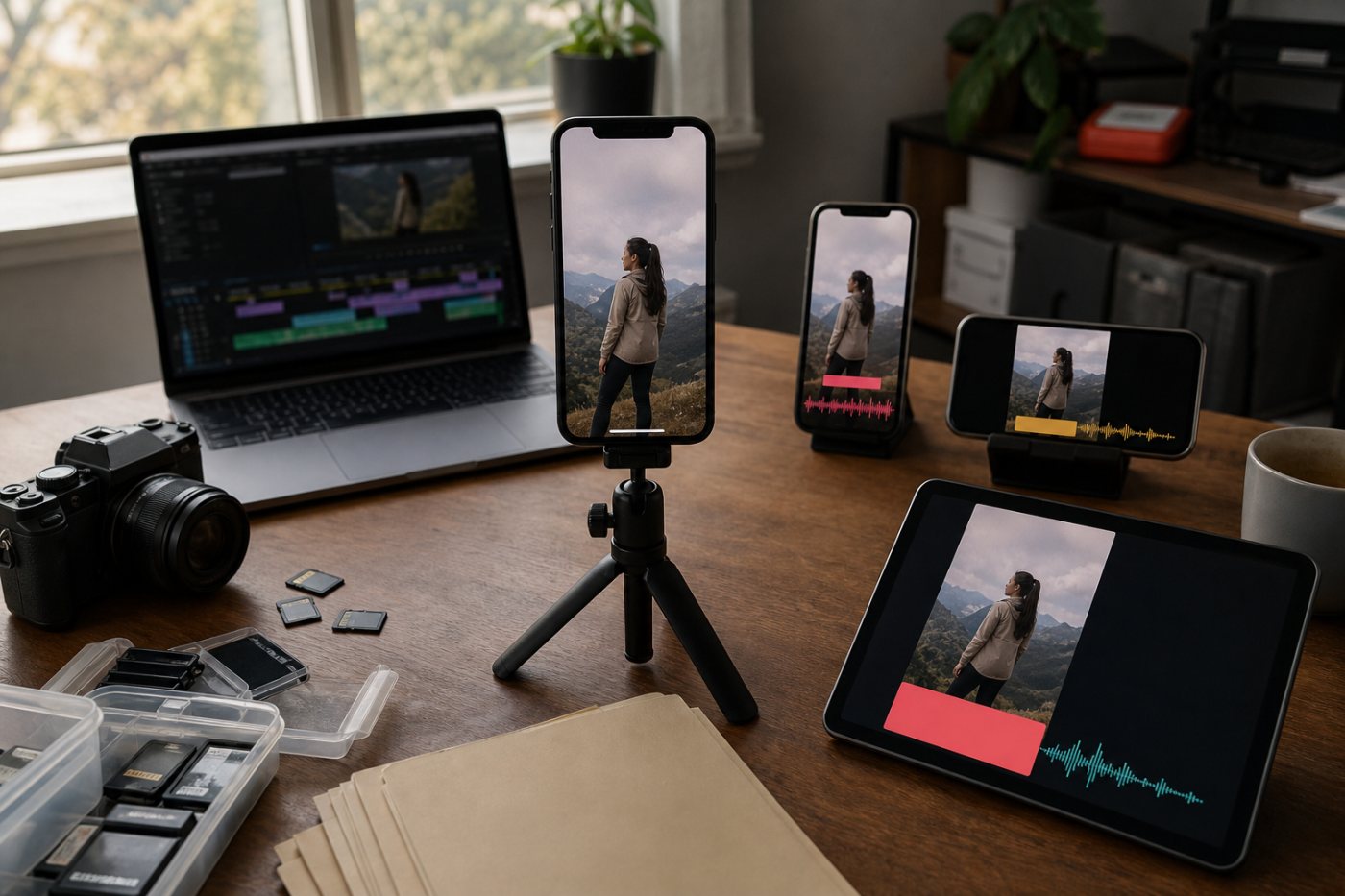 A clean video master branching into platform-specific short-video versions with separate audio and packaging.