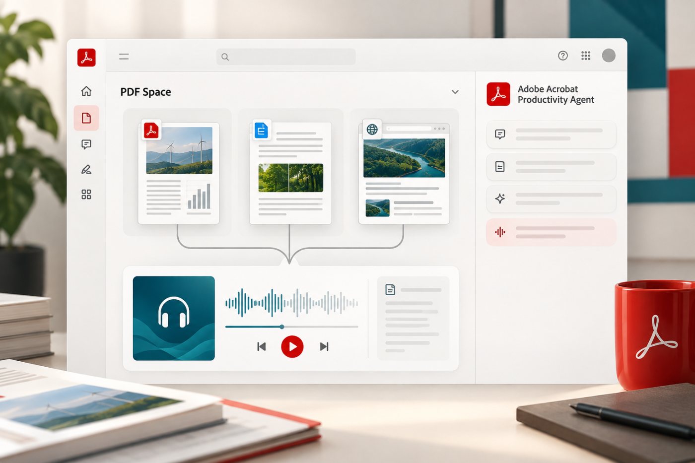 Adobe Acrobat Productivity Agent कई दस्तावेज़ों और वेब लिंक वाले PDF Space से पॉडकास्ट तैयार करता है