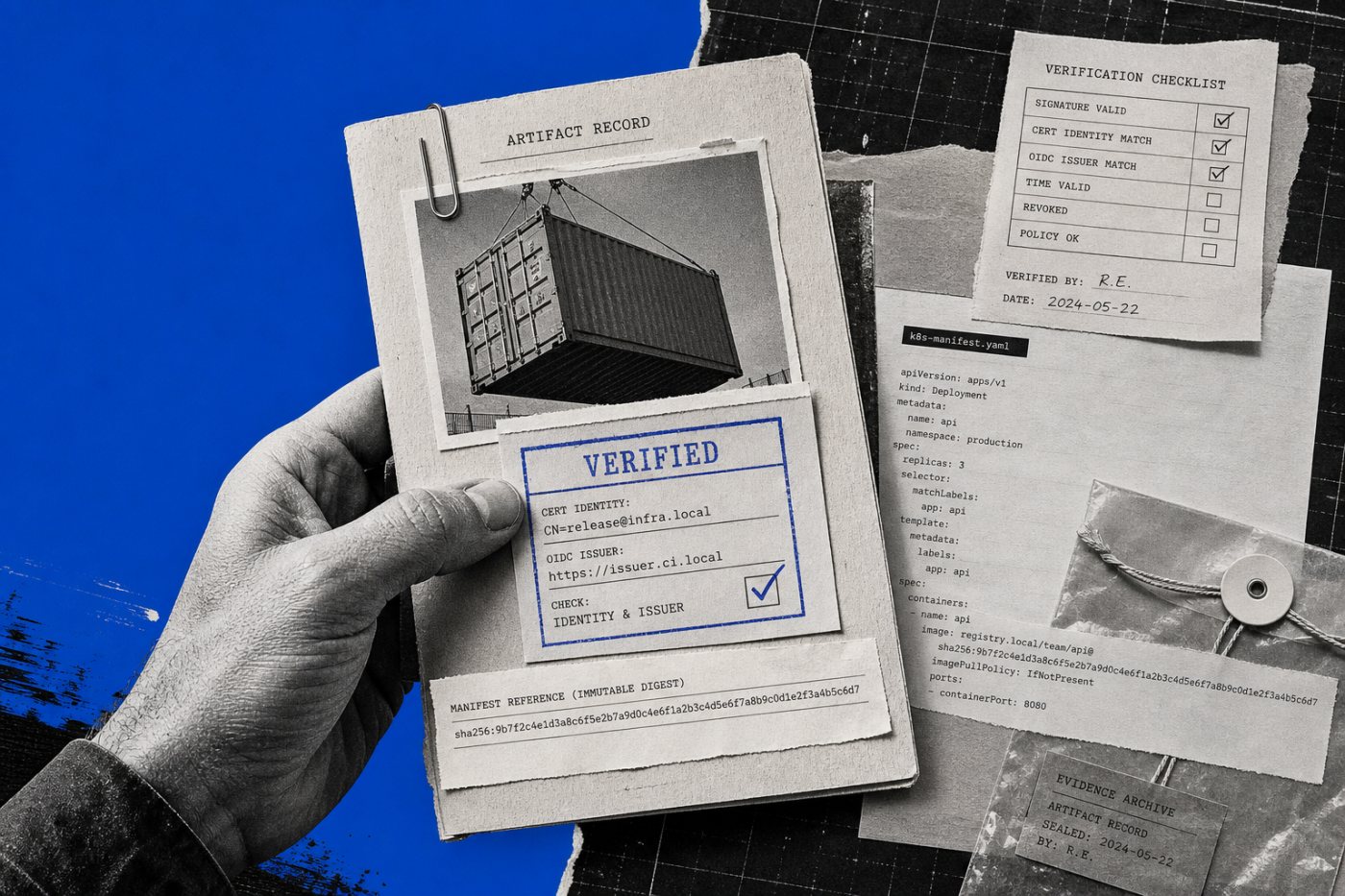 Cosign verifies the expected signer and issuer before the approved container digest is recorded for deployment.