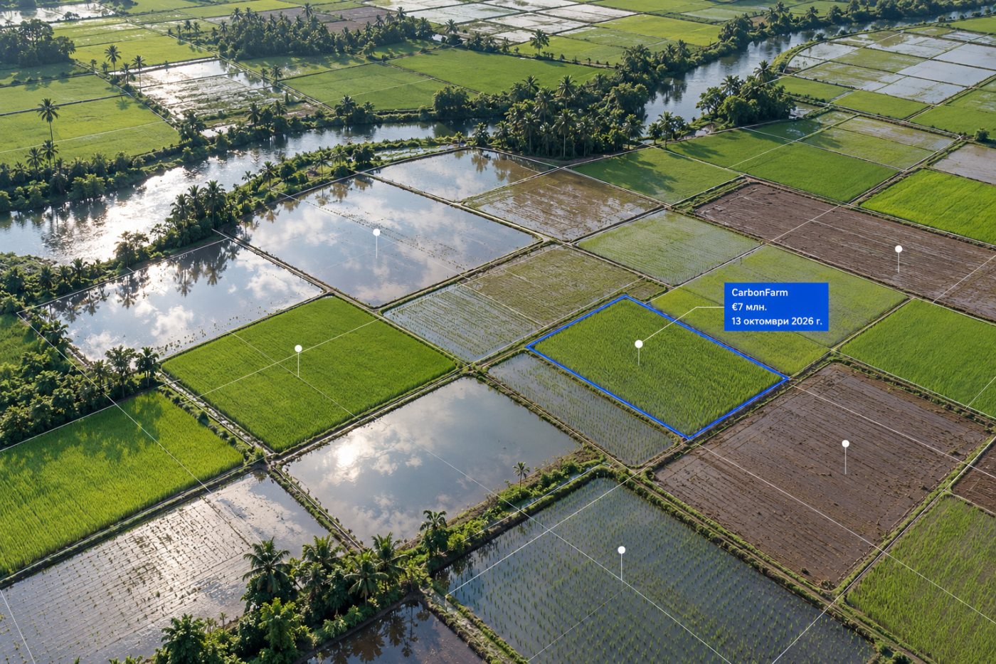 Отделни оризови парцели с различно състояние на водата показват как CarbonFarm проследява земеделските практики на ниво поле.