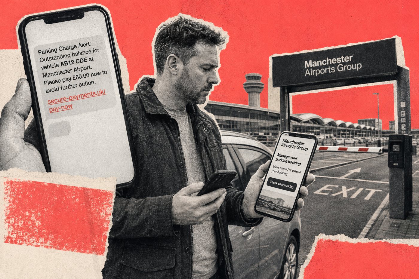 A traveller independently verifies a suspicious airport parking message containing a correct vehicle registration.